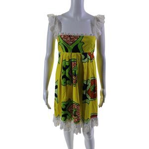 Tracy Feith Womens Cotton Floral Abstract Print Lace Trimmed Dress Yellow Size P